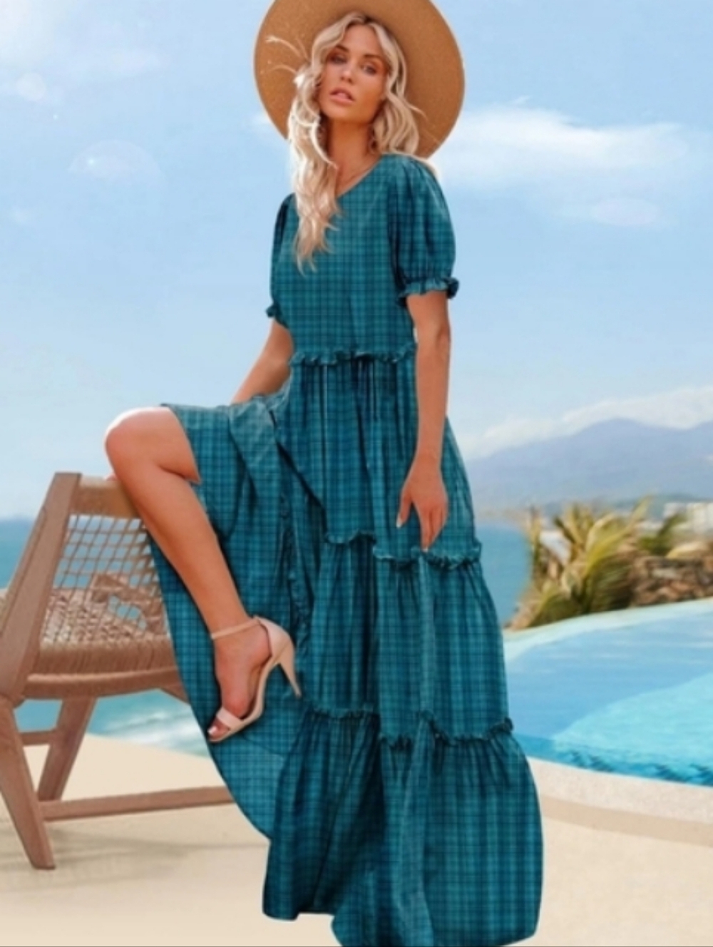 Guess Teal Plaid Tiered Maxi Dress Size Xl